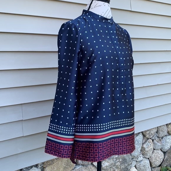 J Crew Drapey In Ratti Blue Red Geometric Print Long Sleeve High Low Tunic - Picture 3 of 16